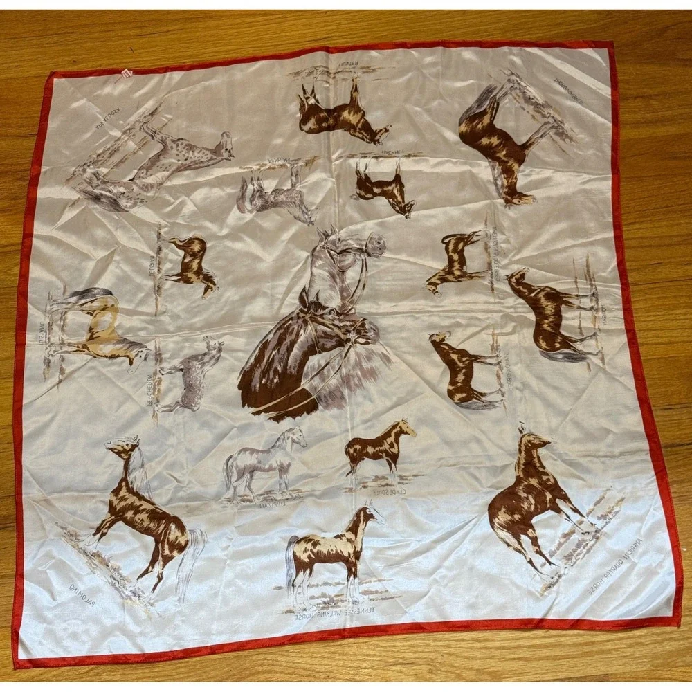 Vintage Horse Breeds Square Scarf Red White Equestrian Made in Japan 29x29
